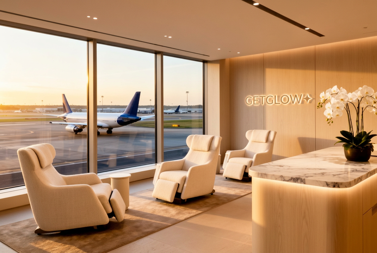 Premium airport beauty lounge with reclining chairs and airplane view at sunset